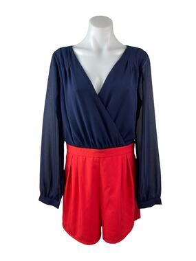 Depri Women's Navy Blue Red Long Mesh Sleeve Backless V Neck Romper Shorts Sz L